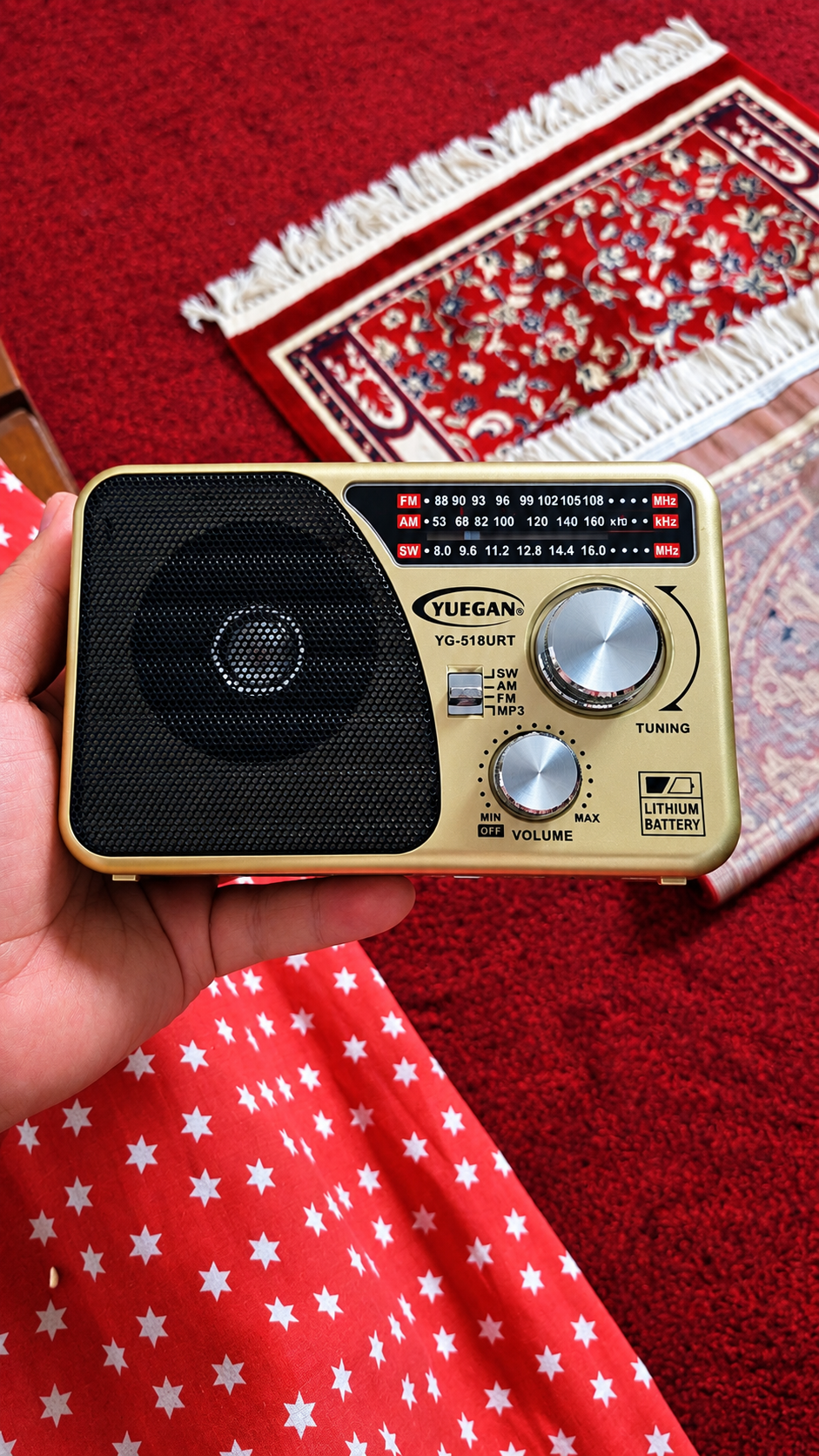 YUEGAN YG-518URT Portable AM/FM/SW Radio | USB/TF MP3 Player | Rechargeable Battery | Available in Black, Red, Metallic Gold