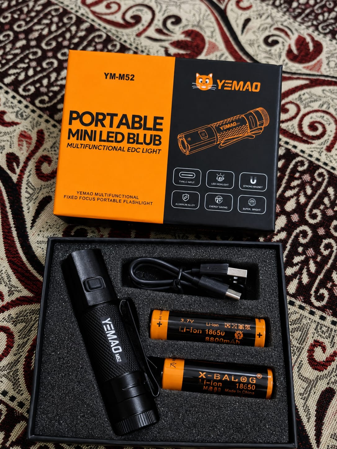 YEMAO YM-M52 Portable Mini LED Flashlight – Rechargeable EDC Torch with Magnetic Base & USB-C Charging