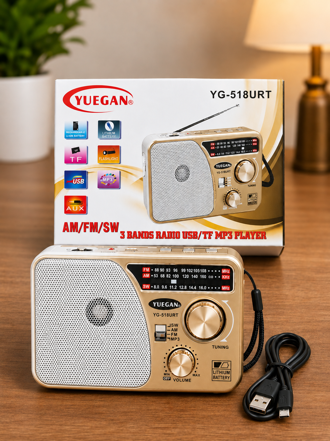 YUEGAN YG-518URT Portable AM/FM/SW Radio | USB/TF MP3 Player | Rechargeable Battery | Available in Black, Red, White & Gold