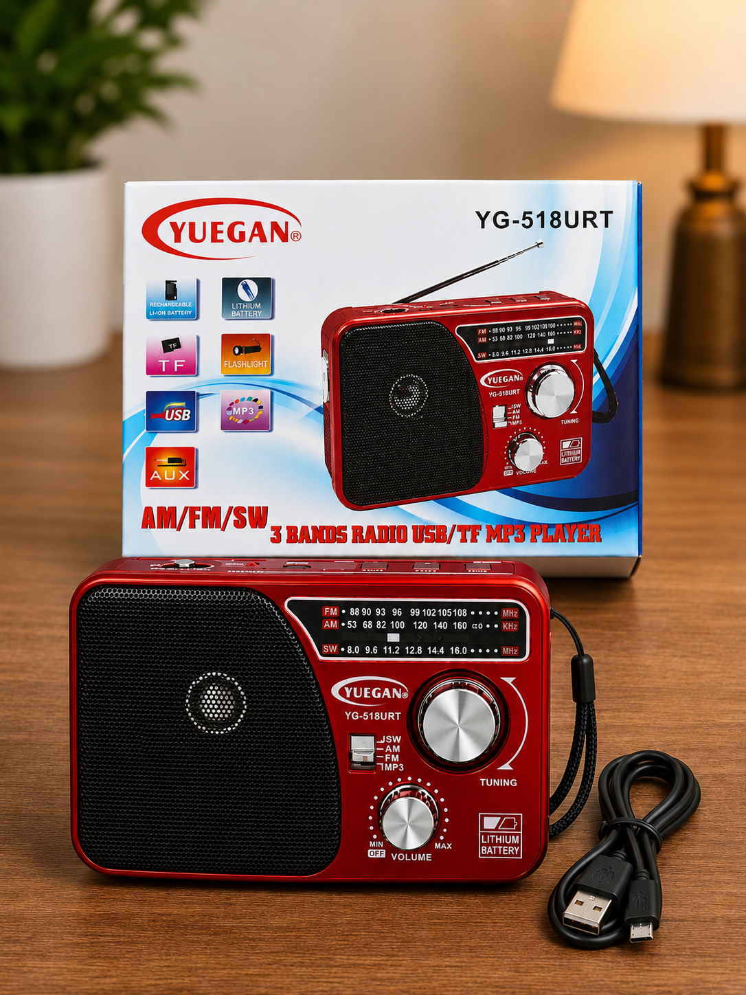 YUEGAN YG-518URT Portable AM/FM/SW Radio | USB/TF MP3 Player | Rechargeable Battery | Available in Black, Red, White & Gold