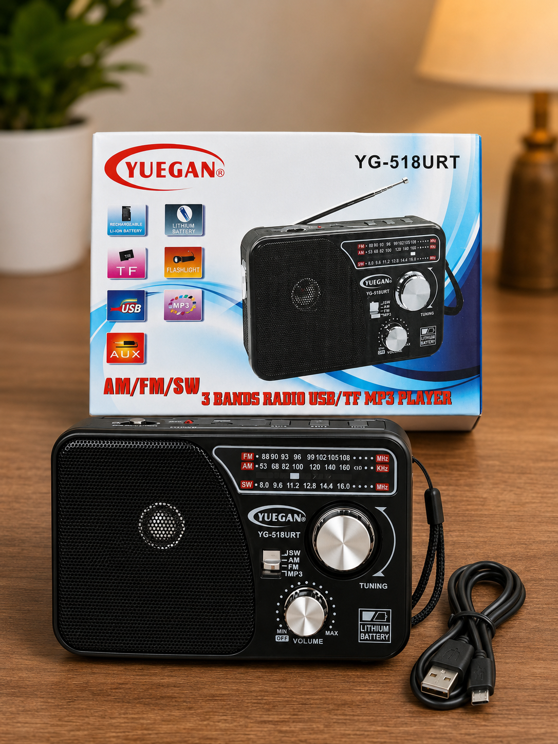 YUEGAN YG-518URT Portable AM/FM/SW Radio | USB/TF MP3 Player | Rechargeable Battery | Available in Black, Red, White & Gold