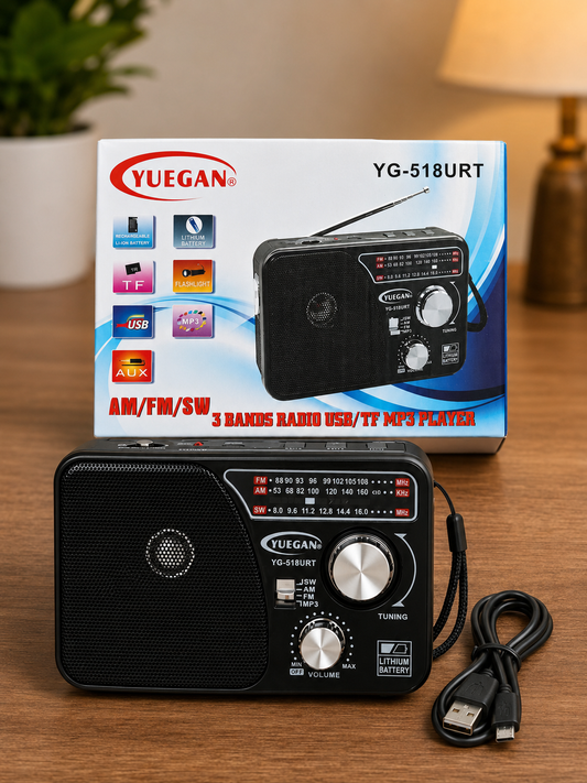 YUEGAN YG-518URT Portable AM/FM/SW Radio | USB/TF MP3 Player | Rechargeable Battery | Available in Black, Red, Metallic Gold